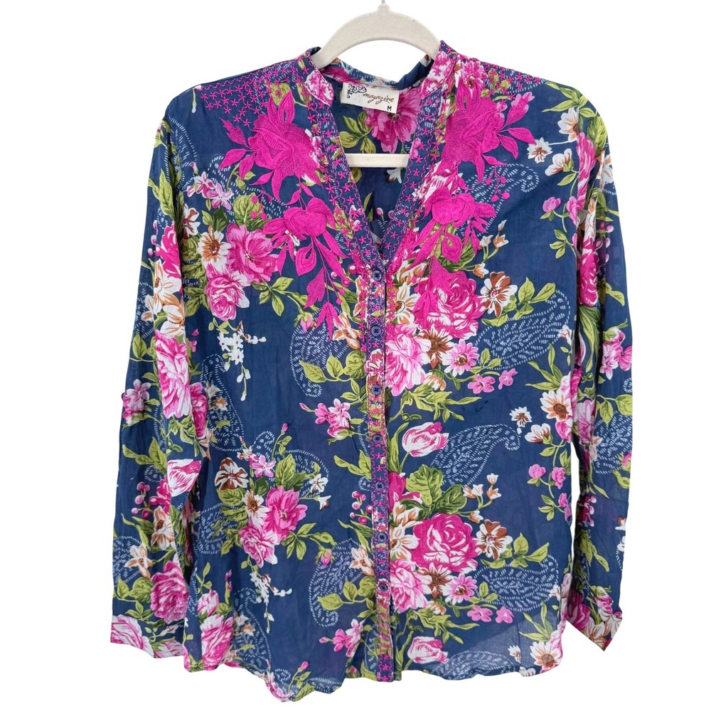 Magazine Navy Blue Pink Floral Embroidered Roll Tab Sleeve Boho Button Up Blouse